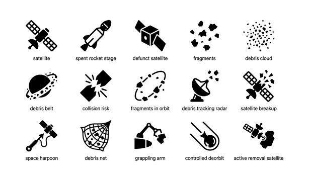 Space debris icons: satellite, orbit fragments, debris tracking, and recovery tools