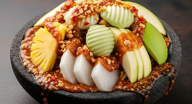 Close Up Indonesian Rujak Buah with Thick Spicy Peanut Sauce and Crushed Nuts