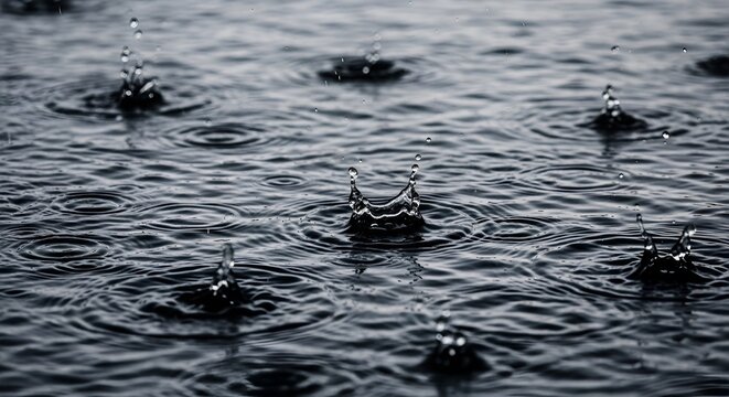 Raindrops falling on water surface, creating ripples and splashes, dark moody atmosphere
