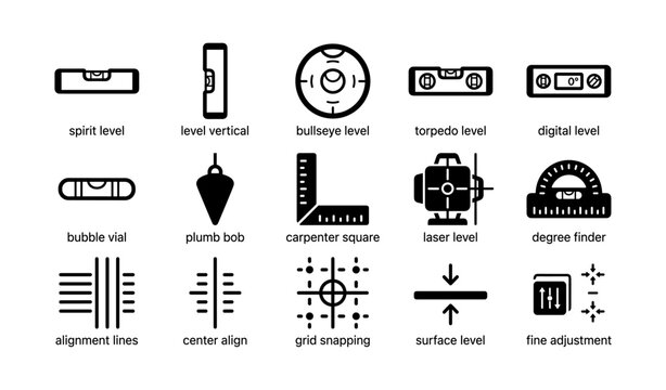 Assorted level and measurement tools icons for construction and carpentry