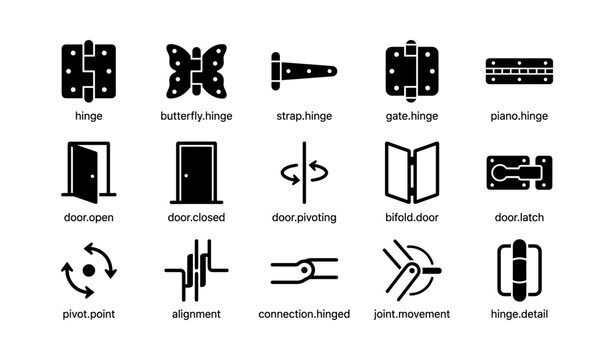 Types of hinges and doors: butterfly, strap, gate, piano, bifold, latch, pivot