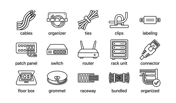 Icons of networking equipment: cables, router, switch, connector, clips