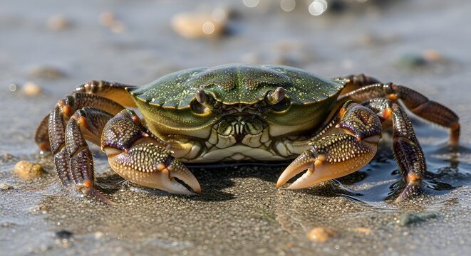 Green crab on wet sand beach, close-up, macro photography, ocean wildlife