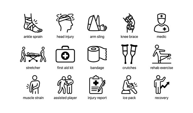 Injury and recovery icons: ankle, head, arm, knee, medical support, rehab