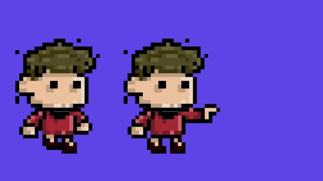 Pixel art style animation of a boy in different positions on a blue background, art, vintage.