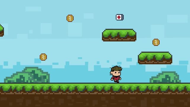 Pixel art animation of a boy walking through a jungle with trees, art, vintage, 2D.