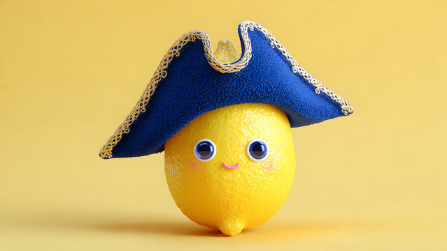3D cartoon illustration of a yellow lemon wearing a blue pirate hat, facing the camera on a soft yellow background, cute and playful 3D style