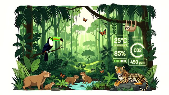 Lush Amazon Rainforest Ecosystem with Diverse Wildlife and Environmental Data.