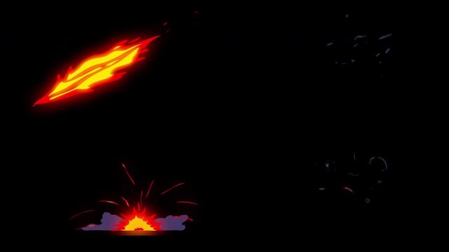 Pixel Fire And Smoke Animation Elements On Black Background With