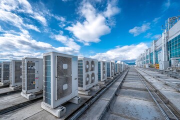 Naklejka premium Air conditioner units lined up on roof of industrial building, many HVAC systems outdoor, commercial cooling equipment, rooftop installation