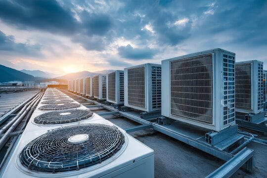 Air conditioner units lined up on roof of industrial building, many HVAC systems outdoor, commercial cooling equipment, rooftop installation