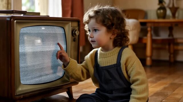 This captures a young child's puzzled expression as they interact with an old television displaying a static-filled screen, conveying a sense of technical difficulties and curiosity in a cozy living
