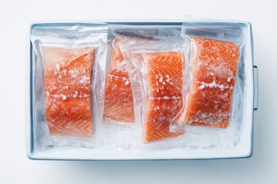  Frozen salmon fillets in plastic bags inside ice chest on white background, neatly arranged, clear bags, water droplets around edges of plastic covering