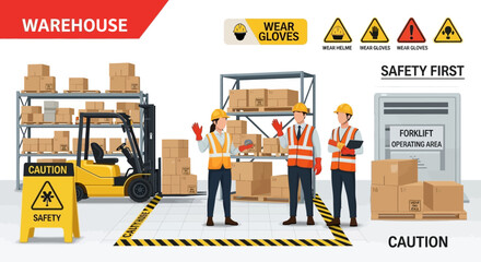 Safety is depicted in an industry-themed vector illustration for World Day for Safety and Health at Work, showing workers in safety vests near a forklift and boxes in a warehouse, all © Jangkrik