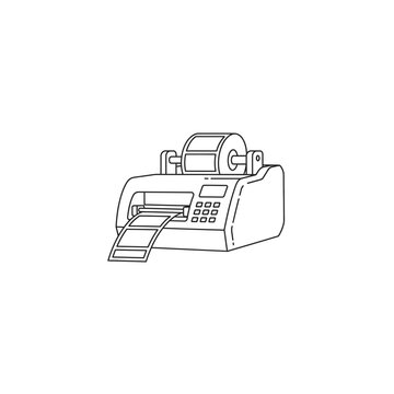 Thermal label printer with roll and printed labels outline with graphic represen