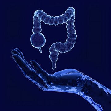A hand holding a blue glowing large intestine