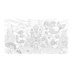 Obraz premium Underwater kingdom with mermaid and castle coloring page