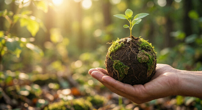 A hand holding a small plant with visible roots and green moss, symbolizing growth and environmental care in a lush, sunlit forest.