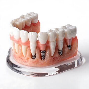 A model of teeth with implants on a silver tray