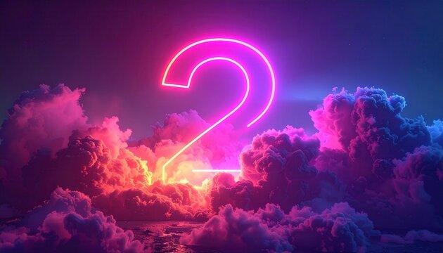 幻想的な紫色の雲海に浮かぶ、鮮やかに発光するピンク色のネオン数字の2。サイバーパンク風のデジタルアートで、カウントダウンやランキング、記念日のデザインに最適な、未来的でスタイリッシュな背景素材。