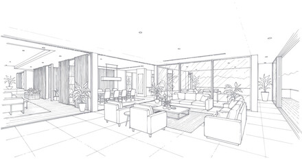 Architectural sketch of a modern spacious interior lounge design. © Dika