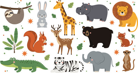 Obraz premium Cute Wild Animals Vector Illustration Set Featuring Lion, Giraffe, Elephant, Bear, Tiger, Crocodile, Sloth, Rabbit, and Deer in Flat Cartoon Style for Kids Design.