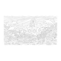 Fototapeta premium Underwater manatees and submarine coloring book illustration