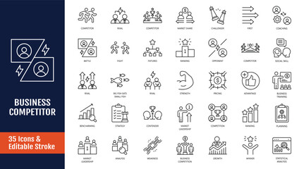 Obraz na płótnie Canvas Business Competitor icon set. Icons related to competition, strengths, weakness, opponent, comparison, ranking, and more. Outline icon with Editable stroke. Vector illustration