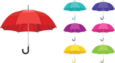 Fototapeta premium Colorful Umbrella Vector Set with Large Red Umbrella and Multiple Bright Variations for Rain Protection, Weather Concept, Seasonal Design, and Modern Graphic Elements.