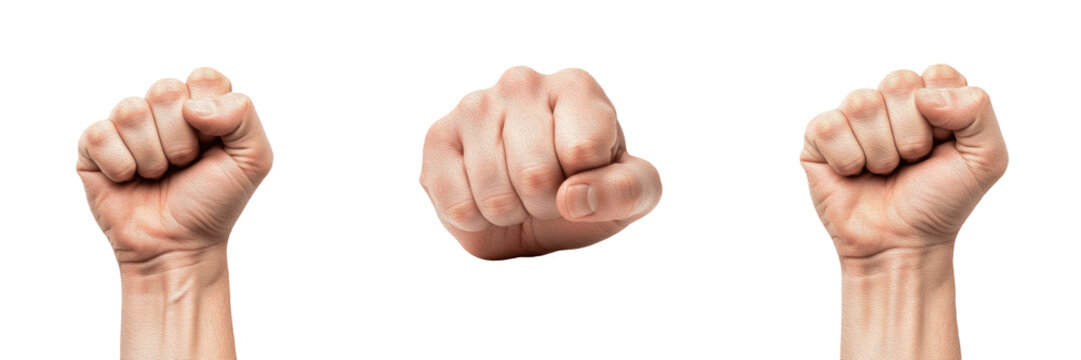 Powerful Clenched Fist Gestures Set - Male Hands Raised in Protest, Strength, and Victory Isolated on White Background for Solidarity, Fitness, and Success Concepts (176 Characters)