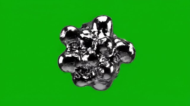 Liquid silver splash on green background in various dynamic shapes and motion