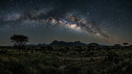 Fototapeta premium Night View of Milky Way Galaxy over Mountainous Landscape with Trees