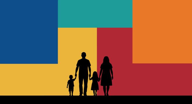 Silhouette of family with children walking.