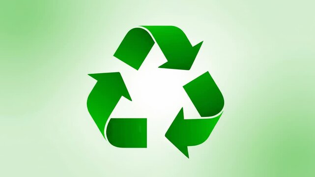 Green recycling symbol rotating on a gradient light green background, representing sustainability and environmental awareness