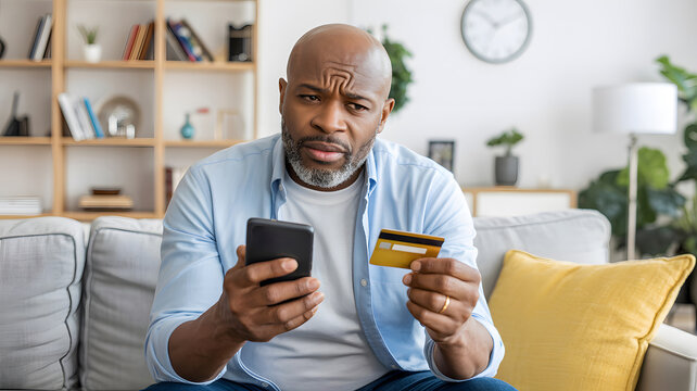 Confused African American man holding credit card and smartphone, worried mature male customer experiencing online payment issues, stressed black man facing financial problems or banking