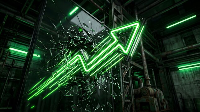 Luminous green neon upward arrow shattering glass in a gritty industrial environment, symbolizing progress, market growth, and overcoming obstacles in a futuristic tech setting