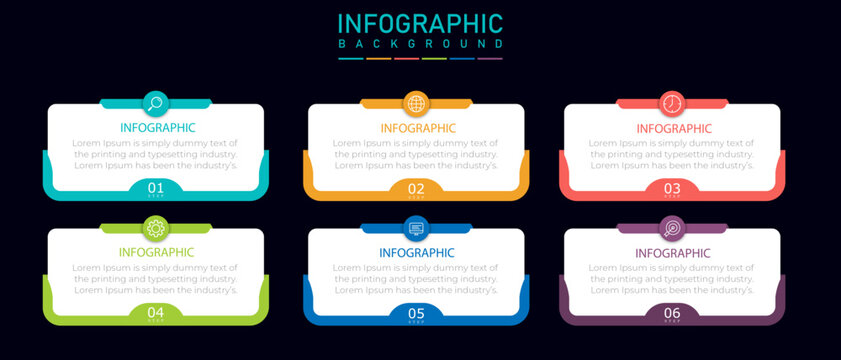 Infographic timeline template with rectangle diagram | 6 steps business process representation chart with half side border with icon | Modern organization annual report diagram