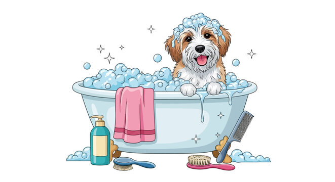 A cheerful cartoon animal illustration shows a fluffy, smiling puppy enjoying a bubble bath on National Pet Day, with grooming tools and a pink towel beside the tub against a clean white