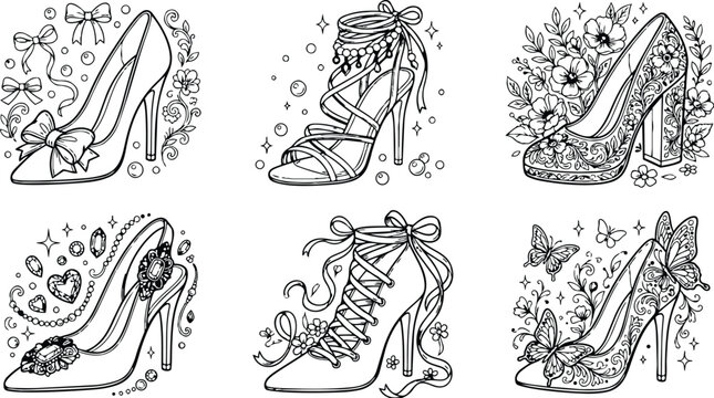 Elegant coloring book page featuring six detailed high heel shoes adorned with bows flowers butterflies and jewels intricate lace patterns and decorative elements in line art style vector illustration