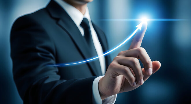 Title business professional interacting with a futuristic digital interface description a businessman in a suit touches a glowing blue digital line symbolizing