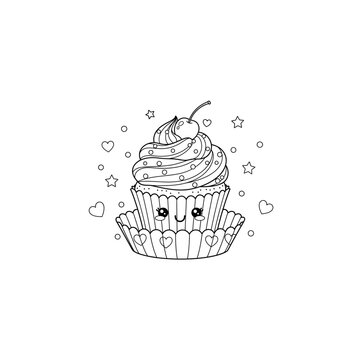 Decorated kawaii cupcake line art with stars and hearts