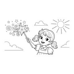 Little girl holding magic wand line art