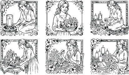 Fototapeta premium Black and white line art woman collecting sea shells arranging candles and flowers for relaxing seaside home decor coloring book pages set with intricate details and floral frames