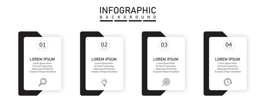 Business infographic with arrow flow timeline, 4-steps black shape marketing process diagram for presentation and reporting.