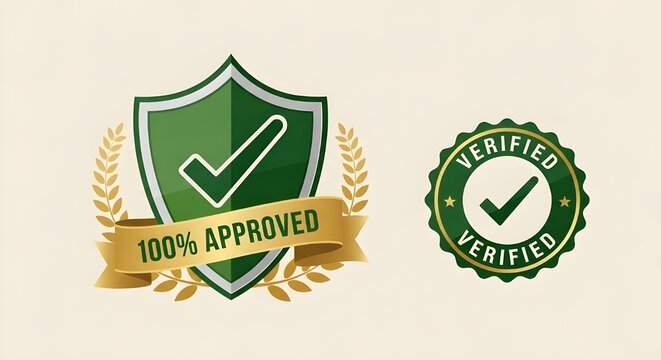 A verified and approved symbol with a green shield and checkmark