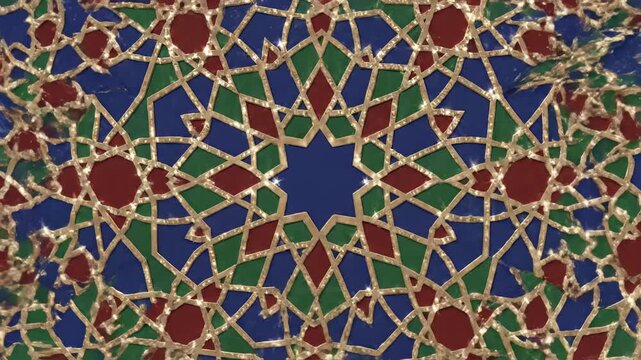 Intricate geometric mosaic pattern in deep blue, emerald green, and burgundy with gold accents, traditional Islamic art, detailed tile work, decorative background