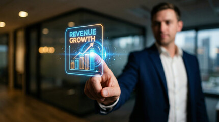 High level planning revenue growth concept with businessman touching hologram chart in modern office