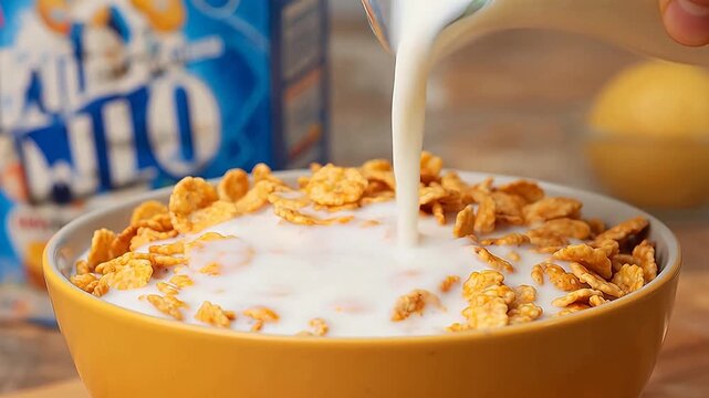 Cereal bowl with milk being poured