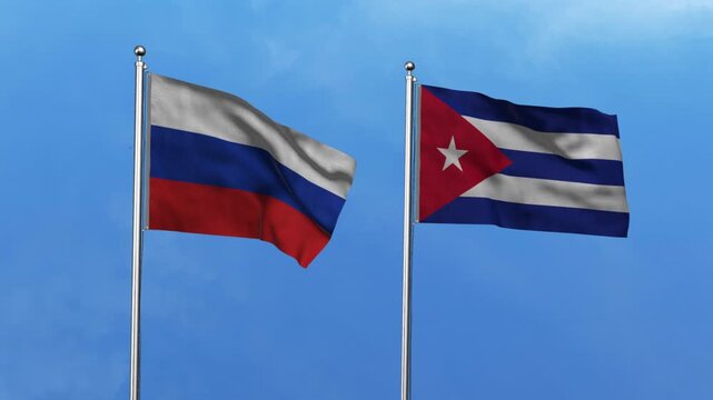 Russia and Cuba Waving Flags, 3D Illustration.