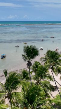 Patacho Beach At Sao Miguel Dos Milagres Alagoas Brazil. Breathtaking Aerial View Of A Lush Tropical Coastline Scenery. Coast Sky Seaside Summertime. International Seaside Travel.